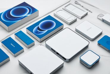 Product packaging for consumer electronics. Bunch of different products showcased. Non branded.